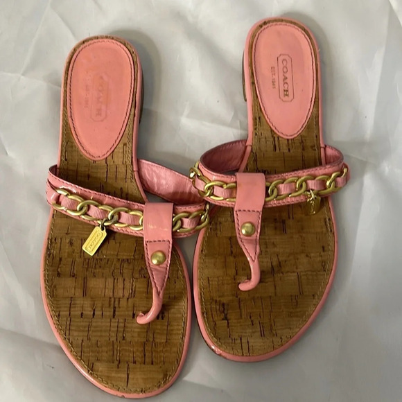 COACH Rizzo Pink Gold Chain Thong Sandals Cork Footbed Leather Sole As Is 7.5B - Picture 9 of 12
